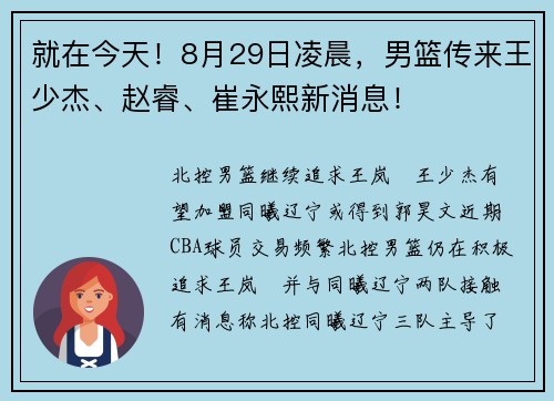 就在今天！8月29日凌晨，男篮传来王少杰、赵睿、崔永熙新消息！