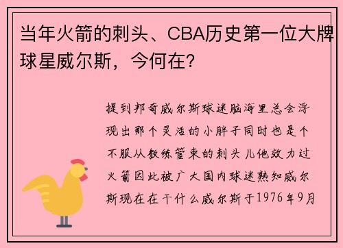 当年火箭的刺头、CBA历史第一位大牌球星威尔斯，今何在？